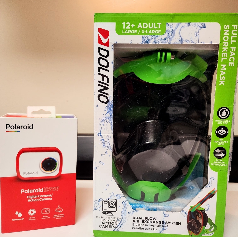 Dolfino Adult Full-Face Tinted Snorkel Mask, L/XL, Green, Unisex/  Polaroid Cam